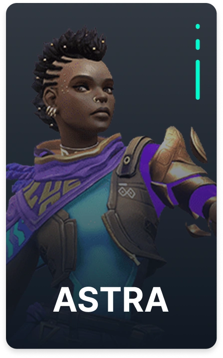 Valorant agent Astra portrait featuring the cosmic controller with purple energy theme and tactical character design.