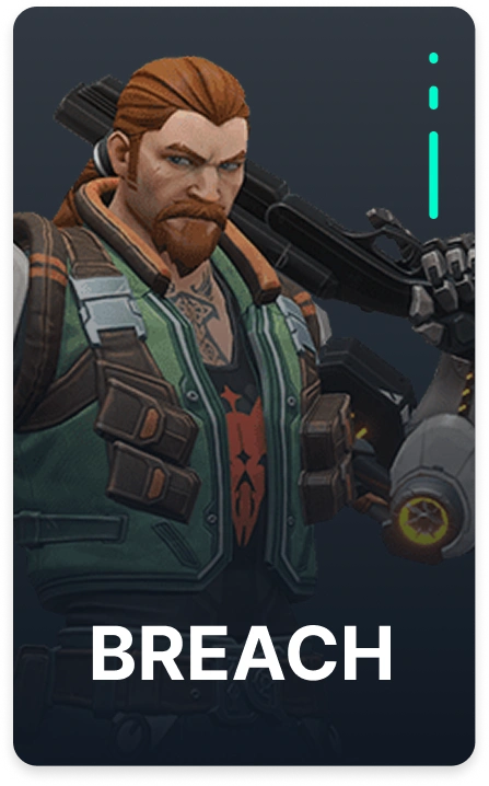 Valorant agent Breach portrait showing the powerful initiator with mechanical arms and combat-ready stance.