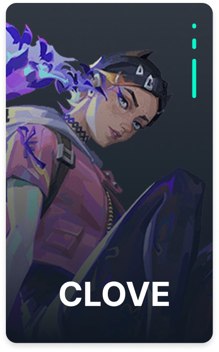 Valorant agent Clove portrait with purple energy effects and modern duelist aesthetic.