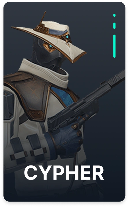 Valorant agent Cypher portrait showing the masked sentinel with surveillance theme and tactical gear.