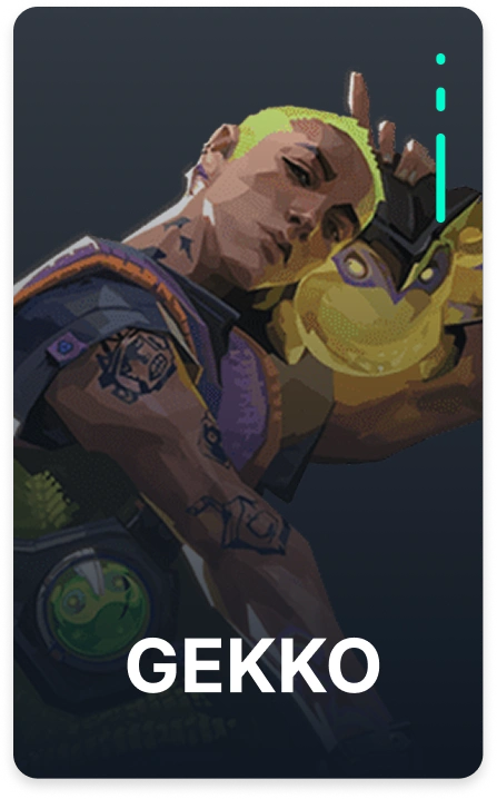 Valorant agent Gekko portrait showcasing the initiator with neon accents and creature-themed design.