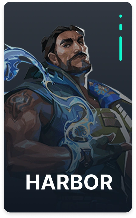 Valorant agent Harbor portrait featuring the water-based controller with muscular build and wave effects.