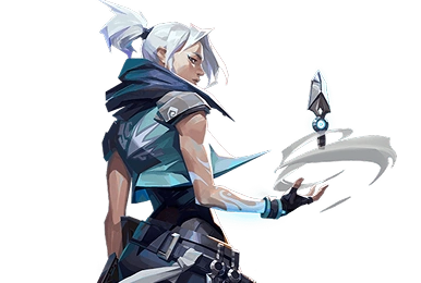 Valorant agent Jett character artwork showing the agile duelist with white hair and floating blade.