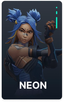 Valorant agent Neon portrait highlighting the fast duelist with electric blue hair and dynamic pose.